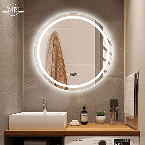 ミルオ君の鏡工房 LED浴室ミラー ウォールミラー 化粧鏡 壁掛け 照明付き ドレッサー 洗面所 洗面台 省エネ 明るさ調整 曇り防止機能 防水加工 飛散防止 丸型 内蔵LED 50×50cm [2]