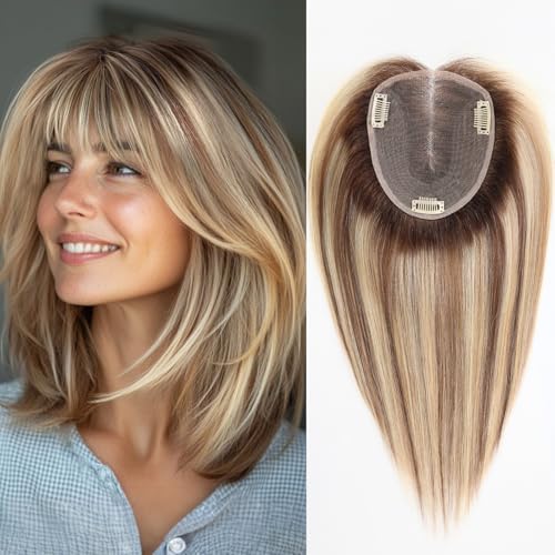 starluck 6x5 inch Large Swiss Base SilkHug 14 Inch Real Human Hair Toppers,60 Gram, 100% Real Human Hair Toppers for Women with thinning (Ash Blonde Mixed Brown,2T613/M6/16A#, with Bangs)