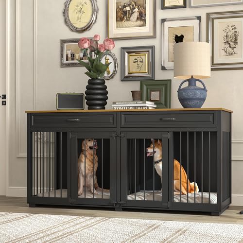 Jaula para perros XXL, jaula para perros con 2 cajones y 2 puertas, caja para perros grandes y medianos, mesa auxiliar, caseta interior, casa para perros para el hogar, negro, 164 x 60 x 80 cm, hierro