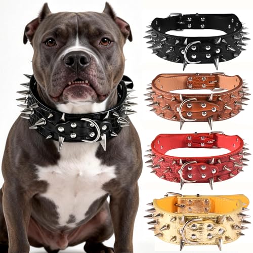 Spiked Dog Collar 2 Inch Wide Leather Dog Collar with Spikes for Medium Large Dogs Punk Style Croc Pattern Protective Collar for Pitbull Mastiff Rottweiler (Black XXL)