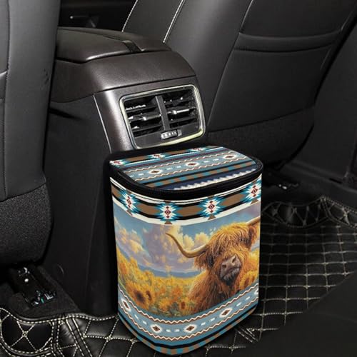 Image of Talayituse Aztec Highland Cattle American Tribal Print Car Trash Can, Auto Garbage Bin with Adjustable Straps, Foldable Car Trash Bin Hanging Storage Organizer Bag Container for Camping Picnic