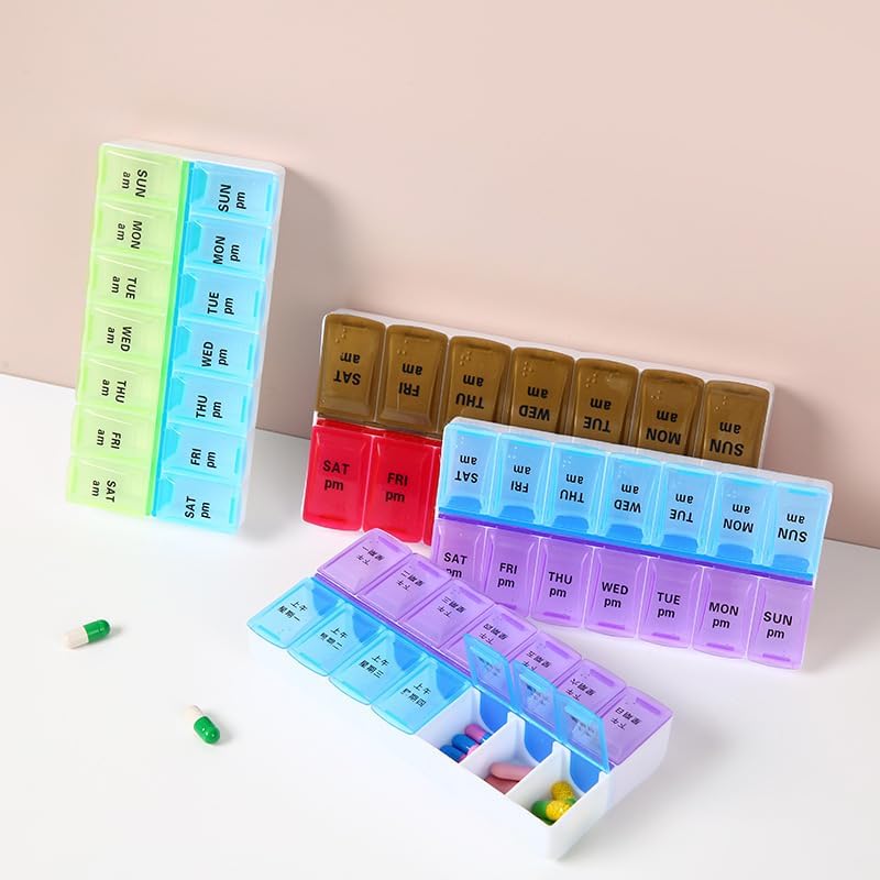 7日間のポータブル大型収納ボックス（英語付き）14グリッドダブルロウボックスポータブル小型ボックス仕切りボックス収納ボックス卸売