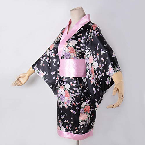 Japanese Kimono Lingerie Costume Set Short Kimono Robe with, Black, Size Large