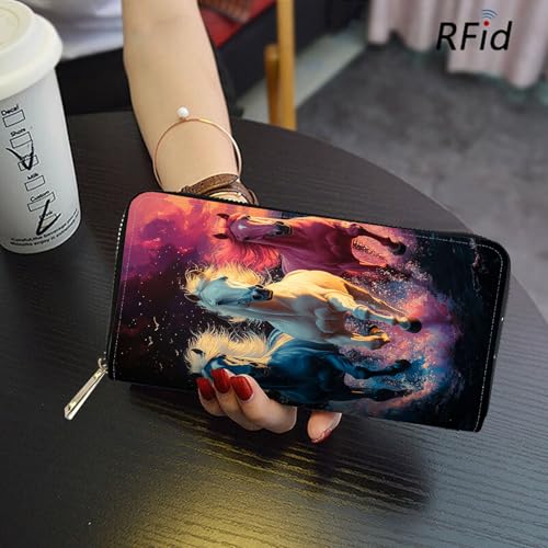 Image of RFID Blocking Leather Wallet for Women - Large Capacity Zip Around Clutch with 8 Card Slots,20 Cash Pockets & Coin Zipper,Horse