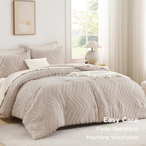 Image of Andency Linen Comforter Set Queen Size, Boho Soft Warm Tufted Bedding Comforter Sets for Queen Size Bed, 3 Pieces Aesthetic Chevron Farmhouse Cute Bohemian Textured Bed Set