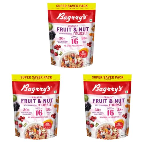 Image of Bagrry's Crunchy Fruit & Nut Muesli with 30% Real Fruits, Nuts & Seeds- 750G | 16 Real & Freeze Dried Fruits, Nuts, Seeds & Berries Muesli | No Candy | 38% High Fibre Oats, No Cornflakes | Fibre & Protein Rich Breakfast Cereal
