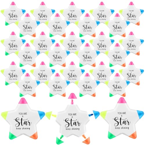 Chivertion 30 Pcs Inspirational Highlighters Bulk Multicolor Star Pens Brush Tip Highlighters 5 Colors Markers Bulk Testing Motivation Gifts for Students