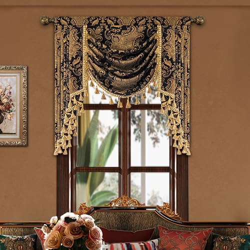 Loom and Mill Classic Damask Waterfall Valance for Living Room, W39 inch