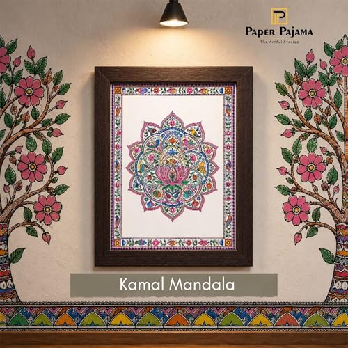 Image of PAPER PAJAMA Lotus Mandala Wall Art for Living Room | Madhubani Floral Mandala Painting | Traditional Mithila Folk Art Framed Decor for Home, Bedroom & Office (10x13 Inches)