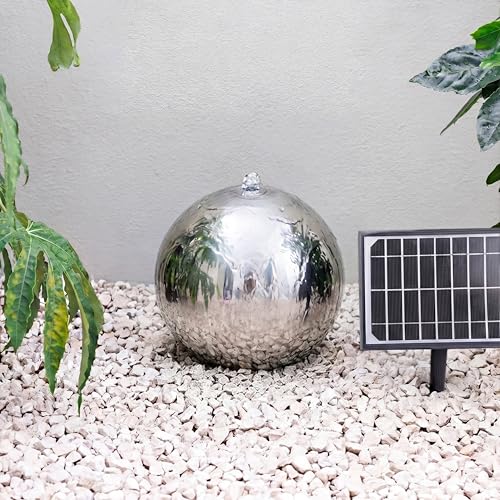 Image of Primrose 45cm Solar Powered Stainless Steel Sphere Patio Garden Water Feature Fountain with LED Lights & Reservoir