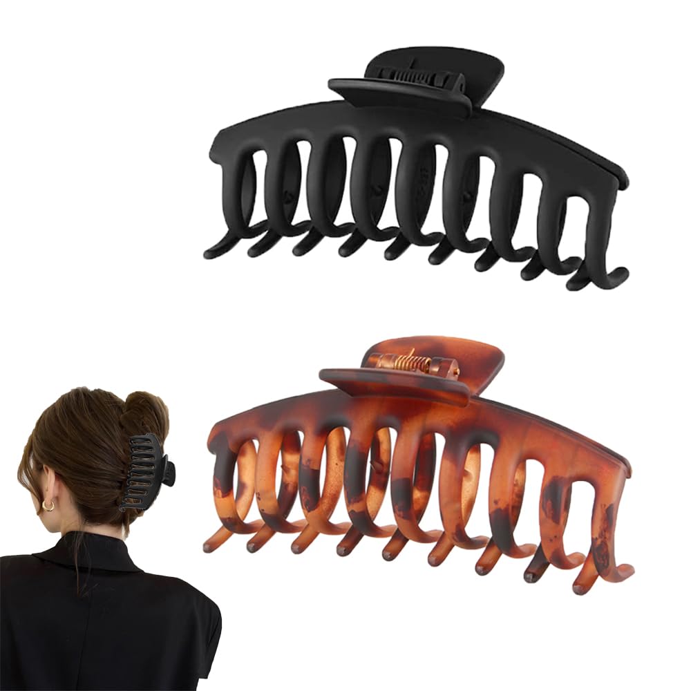 2 Pcs Hair Clips Big Claw Clips Thick Hair Claw Clips Strong Hold Long Short Hair Clips Curved Design Octopus Hair Non-Slip Grip Strong Hold for Women Lady Girl's Hair(Leopard print+Black)