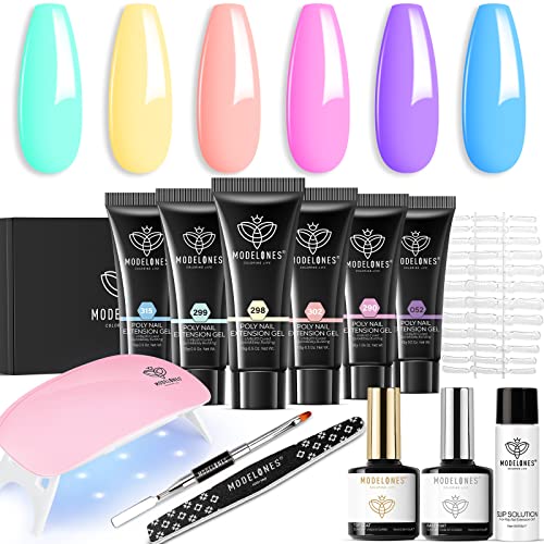 Modelones Poly Nail Gel Kit 60Pcs, 6 Colors Pastel Nude Blue Yellow Nail Extension Gel Kit With Nail Lamp Summer Bright Colorful Nails Manicure Decorations Nail Art Gifts #TOP26