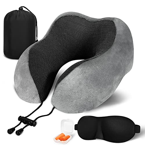 Findigit Almohada para el cuello de viaje, 100% espuma viscoelástica pura, aviones, para dormir, kit de viaje para adultos y niños con máscaras para los ojos, bolsa de tapones para los oídos (gris) Cover