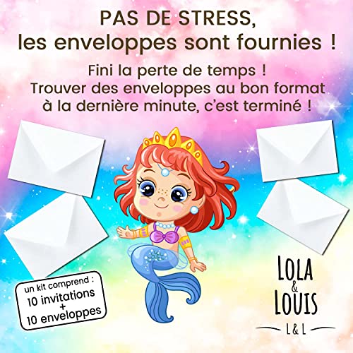 10 cartes invitation anniversaire en Français • 10 enveloppes • Sirène, Princesse • Pour inviter filles et garçons… - Image 6