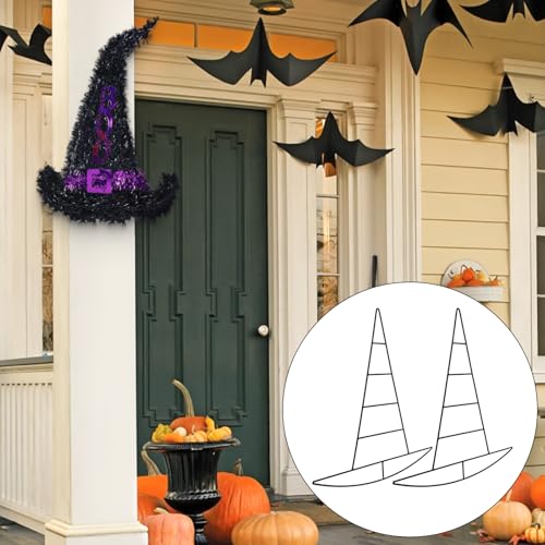 2/4 Pcs Witch Hat Metal Wire Wreath Frame Halloween Wreath Form Hanging Decorations for Garden Wall Door Decoration DIY Wreath Making Craft Accessories(2 Pcs Witch Hat)