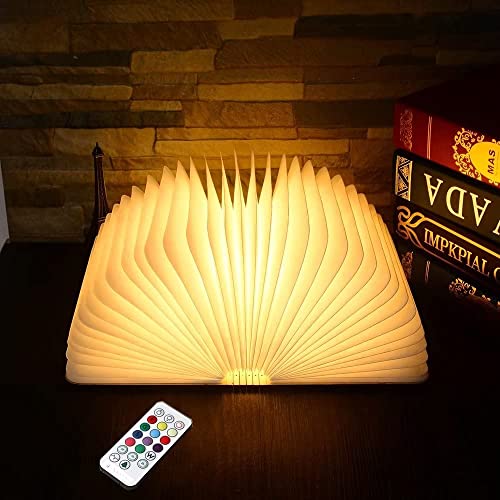 Fashome Lámpara de mesa con luz LED para libros de mesa, luz nocturna, plegable de madera, con mando a distancia, 16 colores y temporizador (un solo color, nogal grande) Cover