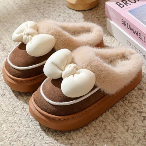 Women Bow Slipper for Fall Winter Thick Sole Indoor Cute Fuzzy Footwear Soft Warm Comfy Furry Outdoor Slippers2