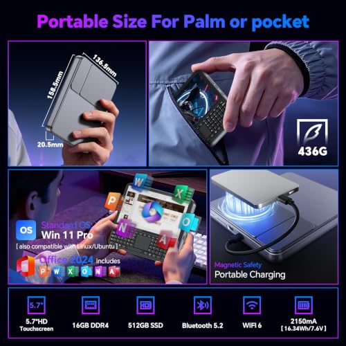 Image of Mini PC 5.7 inch Touchscreen Handheld Computer, N95 up to 3.4GHz, 16GB RAM 512GB SSD, Win 11, Backlit Keyboard, WiFi6 BT5.2, Dual Type-C, HDMI 2.1 DP, Small Portable PC