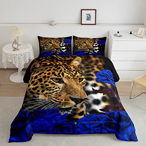 Erosebridal Cheetah Bedding Comforters Queen Size Blue Rose Flower Leopard Print Comforter Set, Africa Wild Animal Theme Bed Down Comforter for Child Teen Girls Boys Women Man Bedroom Decora