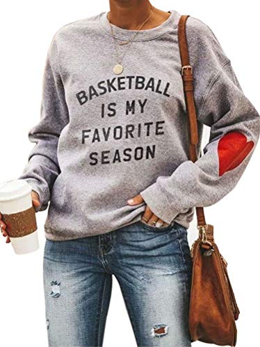 Kirjaudu PTS1069GY-1-L Basketball Is My Favorite Season Women Casual Long Sleeve Letter Print Pullover Sweatshirt L Grey-1 cover