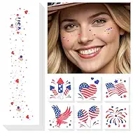Cerlaza 4th of July Decorations, Glitter Freckles Face Tattoo with American Flag Design, Red White Blue Usa Accessories, 4th of July Independence Day Fake Tattoos Makeup Kit, Rave Outfits for Women
