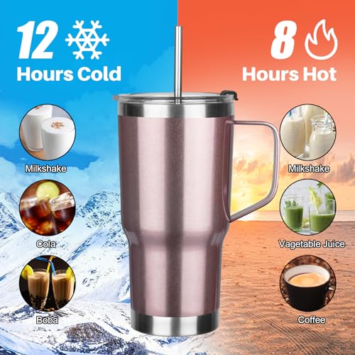 Image of 20 oz Tumbler with Handle, Stainless Steel Insulated Tumbler with Lid and Straw, Double Wall Vacuum Coffee Mug Tumbler, Insulated Coffee Thermal Cup for Cold and Hot (Rose gold)