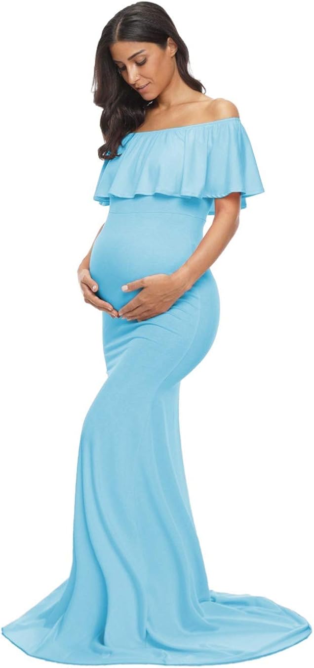 Glampunch Womens Off Shoulder Maternity Dress Ruffles Elegant Slim Gowns Fit Maxi Photography Dress at  Women’s Clothing store
