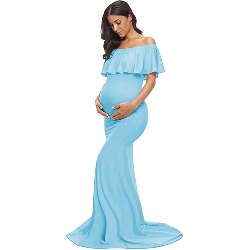 Glampunch Womens Off Shoulder Maternity Dress Ruffles Elegant Slim Gowns Fit Maxi Photography Dress