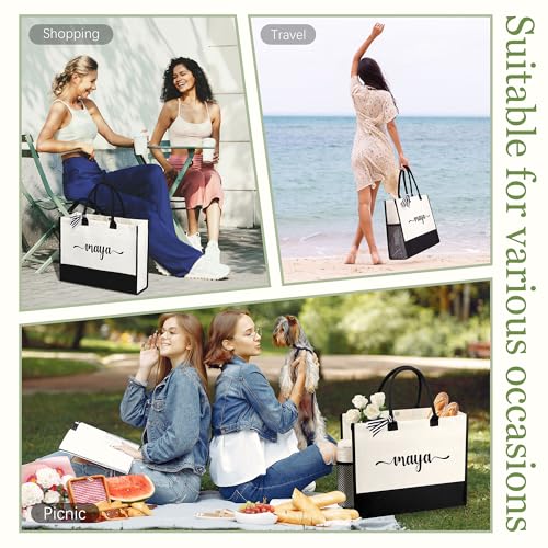 Image of Personalized Name Tote Bag for Women, Birthday Best Friend Bridesmaid Gifts for Women Canvas Initial Tote Bags