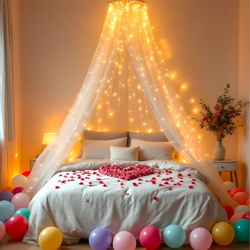 THE DECOR QUEEN - Romantic Tent Kit - 12 Pcs Canopy Tent with Fairy Lights, Mesh Curtains & Multi-Color Balloons for Bedroom Decor, Anniversary, Valentine's Day, Birthday