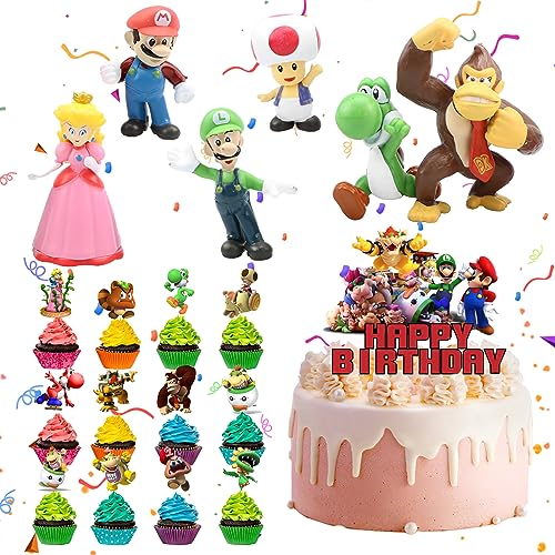 NAMIS 31 Piezas Super Mario Tarta Decoración 6pcs Figuras Super Mario 25pcs Super Mario Cake Topper Figuras Mario Bros Figuras Decoración Tartas Pastel Para Parties Decoración Pasteles (1132)