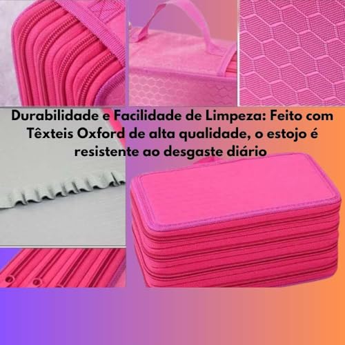 Estojo Escolar Grande Com 4 Divisórias Organizador 72 Caneta Lápis Alça de Transporte (Rosa)