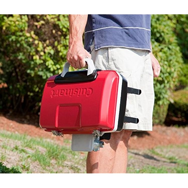 Cuisinart Petite Gourmet Portable Gas Grill, Compact Portable Grill Propane, 150 Sq. In. Cooking Surface, 5,500 BTU Burner Small Gas Grills for Camping, BBQ, Folding Legs and Carry Handles, Red