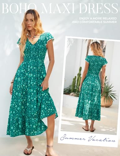 Maxi Boho Summer Dresses for Women 2026, Cap Sleeve Casual Beach Floral Dress, Green Flowy Long Sun Dress with Pockets S — view 4