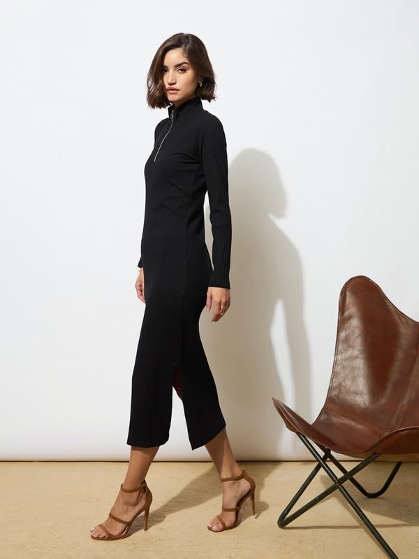 Image of barcino Black Rib High Neck Front Half Zipper Dress