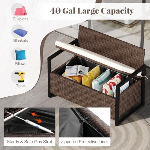 Image of Tangkula 40 Gallon Outdoor Bench with Storage, Patio Wicker Storage Bench with Cushion, Cover, Metal Frame, Deck Box Seat for Backyard, Poolside, Balcony, Garden