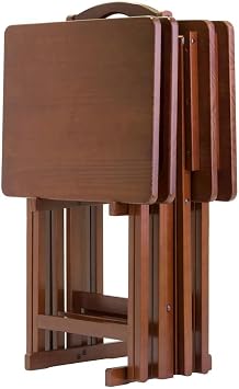 Furnifact Solid Wood Folding TV Trays Set Includes 4 Small Folding Tables and Storage Rack, Compact TV Tables for Eating Or Dinner Tray Table At Home in Walnut Finish
