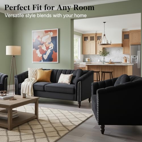 Image of Sofa and Loveseat Set, Microfiber Living Room Set with Wood Legs, 3 Piece Living Room Furniture, Modern 3-Seater Sofa + 2-Seater Loveseat + Accent Chair Sets, for Home Office, Black