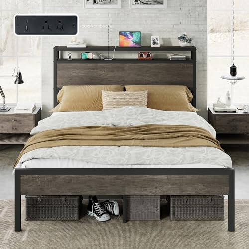 Image of AMERLIFE Full Size Bed Frame with Storage Headboard & Charging Station, Industrial Metal Platform Bed with Large Under-Bed Storage, Heavy Duty Slats, No Box Spring Needed, Rustic Grey