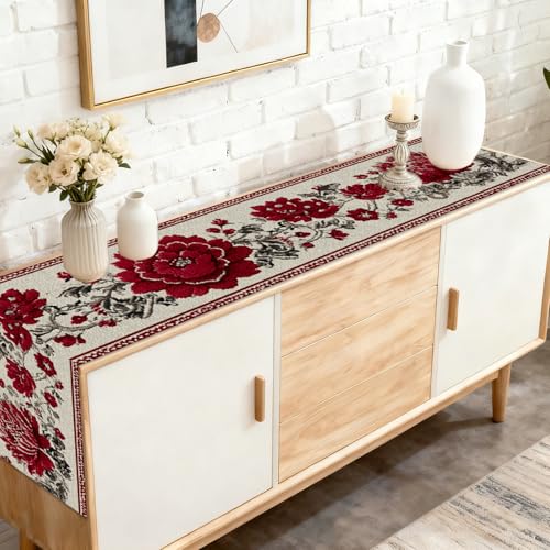 Image of Nuxovilar Red Peony Table Runner Flax 13x72 in | Holiday Runner Flax Placemats Dining Accessories Set Cultural Dinner Event Room Area (Red Peony Floral)