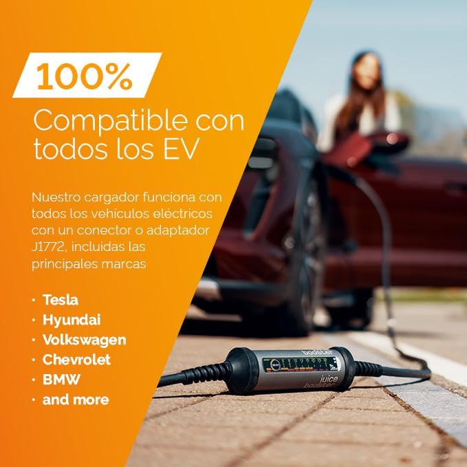 Juice Booster 2 con un coche eléctrico, demostrando su compatibilidad con Tesla, Hyundai, BMW y más