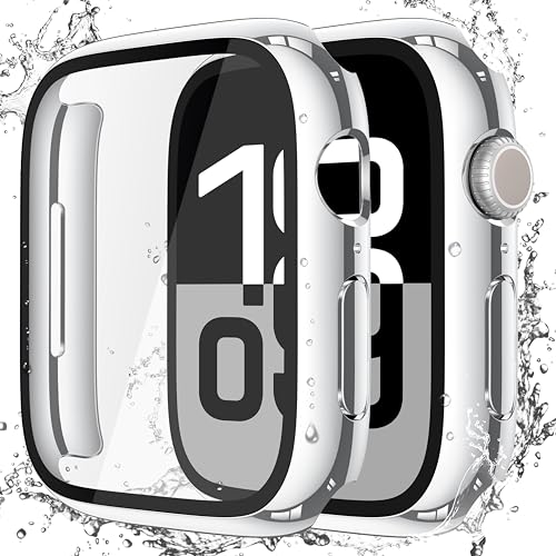 Image of Misxi [2 Pack] Waterproof Hard Case with Tempered Glass Compatible with Apple Watch Series 11 (2025) Series 10 46mm, Overall Protective Cover for iWatch Screen Protector, 1 Silver + 1 Transparent
