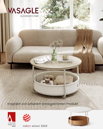 VASAGLE Couchtisch rund, Tisch mit Stauraum, Beistelltisch, Wohnzimmertisch mit Korb aus Stoff, modern, Metallrahmen, naturbeige-cremeweiß LCT244K01