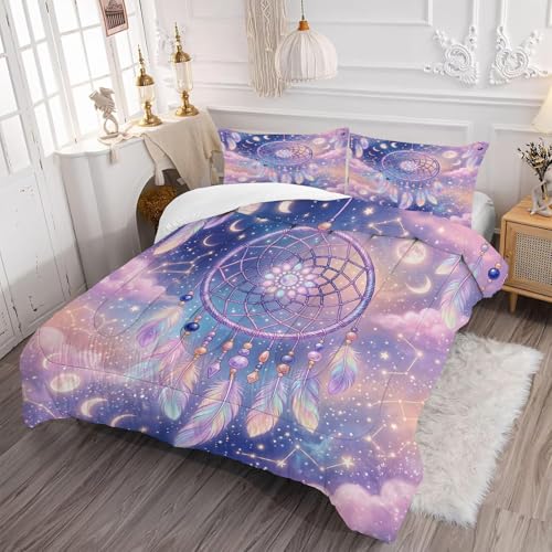 Image of Purple Dream Catcher Comforter Set, Boho Galaxy Star Moon Print Bedding Set Twin Size for Kids Boys Girls Teens, Soft Microfiber Room Decor 1 Comforter 1 Pillowcase