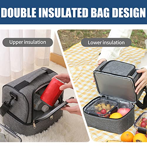 Hanklph Double Layer Lunch Box For Women/Men, Insulated Lunch Bag Large Adults, Reusable Lunchbox Cooler Bag，Suitable For Work Picnic Hiking Beach (Grey) #TOP2
