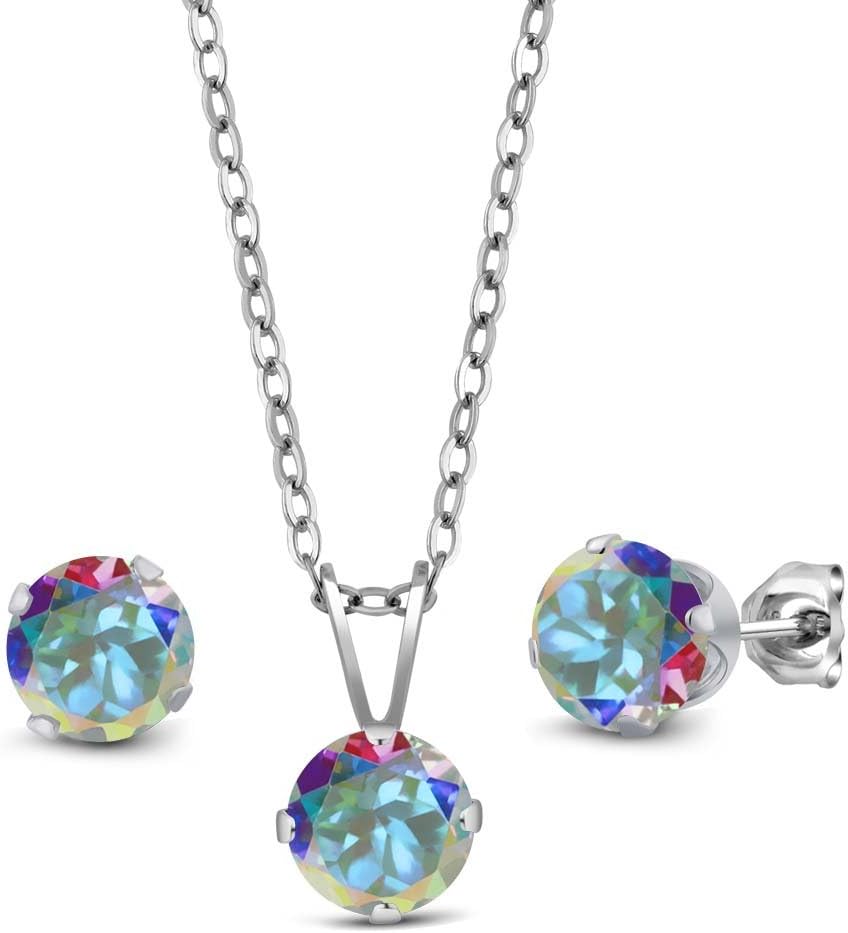 Gem Stone King 3.00 Cttw Mercury Mist Mystic Topaz Pendant and Earrings Jewelry Set For Women | 925 Sterling Silver | Gemstone Birthstone | With 18 Inch Silver Chain