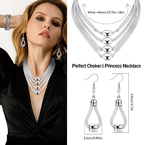 Joerica 3Pcs Multi-Layer Bib Necklace Jewelry Set For Women Choker Necklace Stretch Cuff Bracelet Dangle Earrings Halloween Costume Jewelry Set #TOP1