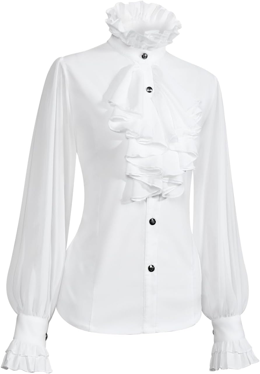 BOMFWAU Womens Victorian Vintage Long Sleeve Shirt Ruffle Stand Collar Blouse Medieval Gothic Tops