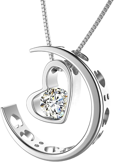 murtoo Moon Love Women's Necklace Heart Pendant Silver Rose Gold Zirconia I Love You Jewelry Gift Box Moon Necklace for Women Girls