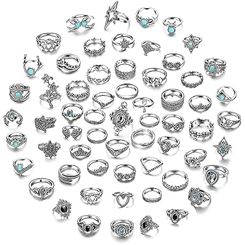 62PCS Vintage Knuckle Rings Set,Kucheed Bohemian Stackable Midi Finger Rings for Women Girls Men,Fashion Silver Rings Crystal Joint Rings,Retro Punk Hollow Carved Flowers Statement Rings Jewelry Cover